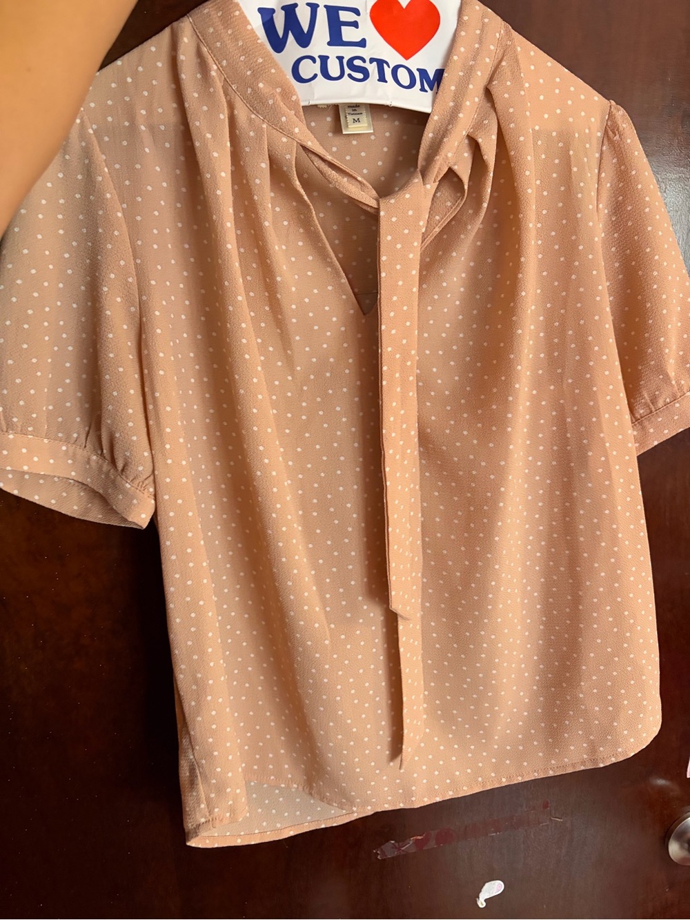 Polka Dot Tie-Neck Blouse in Dusty Rose